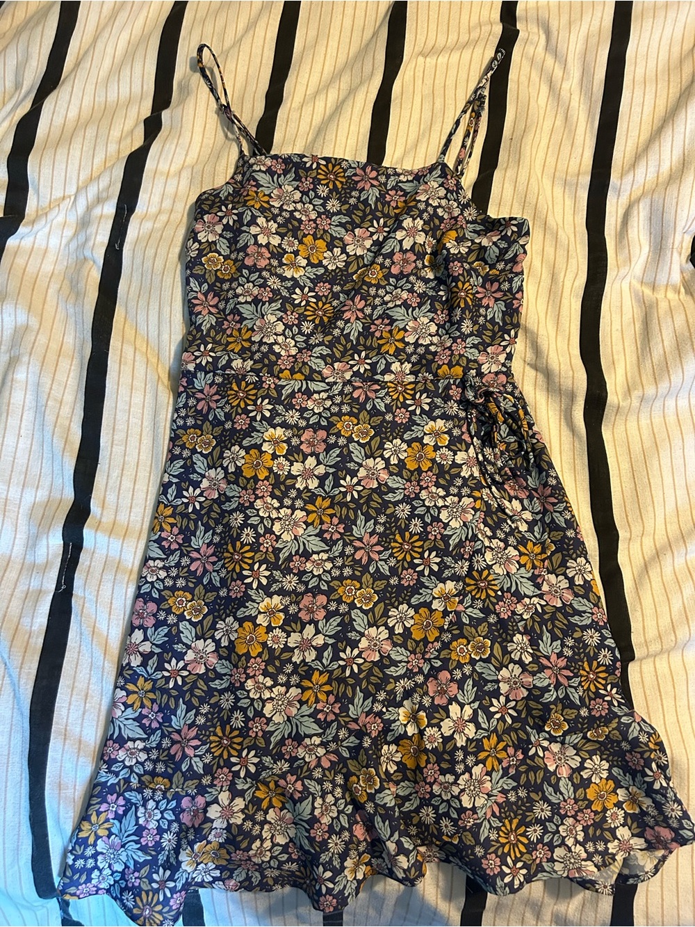 Altar'd State Navy Floral Midi Dress with Pink and Yellow Flowers